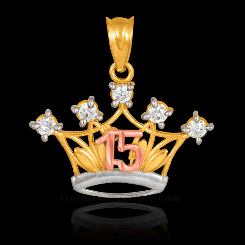 Multi-tone Gold Quinceanera Crown CZ Pendant