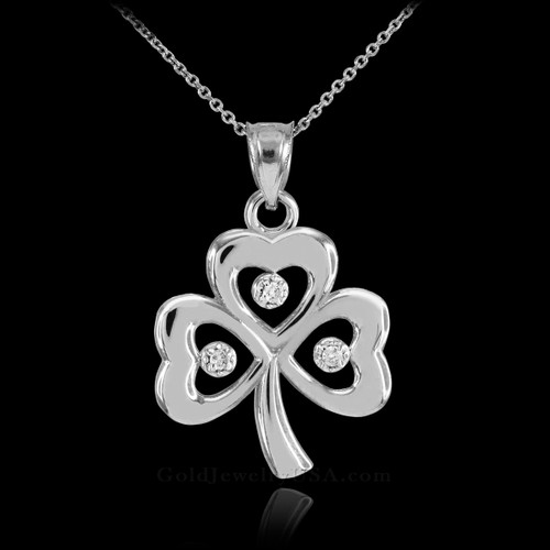 White Gold 3-Leaf Diamond Shamrock Clover Pendant Necklace