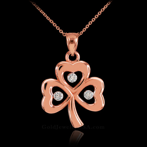 Rose Gold 3-Leaf Diamond Shamrock Clover Pendant Necklace