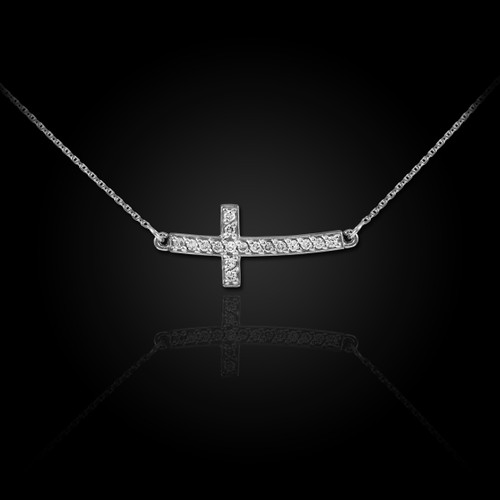 White Gold Diamond Sideways Cross Necklace