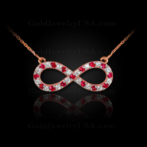 14K Rose Gold Infinity Necklace with Diamonds and Rubies