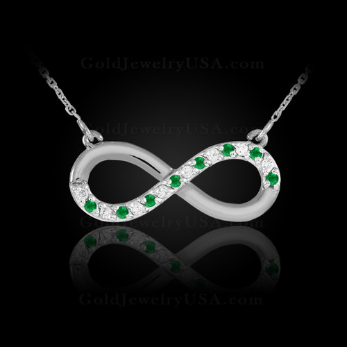 White Gold Infinity necklace with diamonds and emeralds