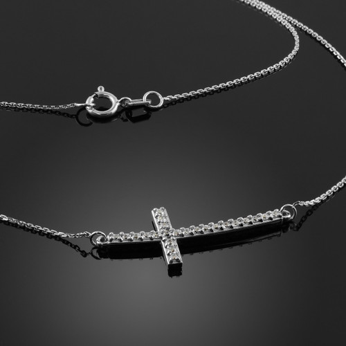 14K White Gold Sideways Diamond Curved Cross Pendant Necklace