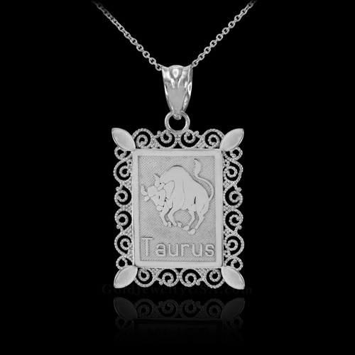 Polished White Gold Taurus Zodiac Sign Rectangular Pendant Necklace