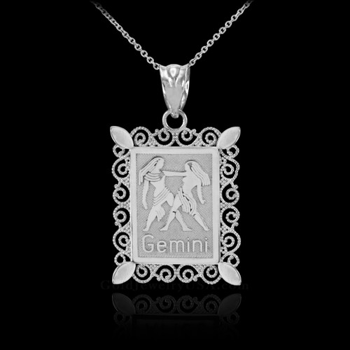 White Gold Gemini Zodiac Sign Filigree Square Pendant Necklace