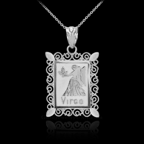 White Gold Virgo Zodiac Sign Filigree Square Pendant Necklace