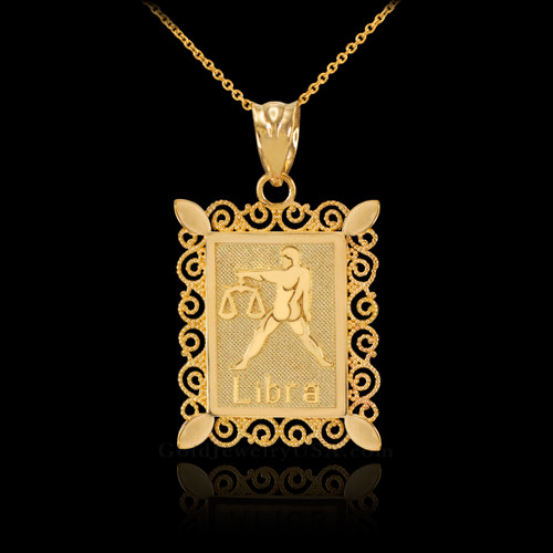 Gold Libra Zodiac Sign Filigree Square Pendant Necklace