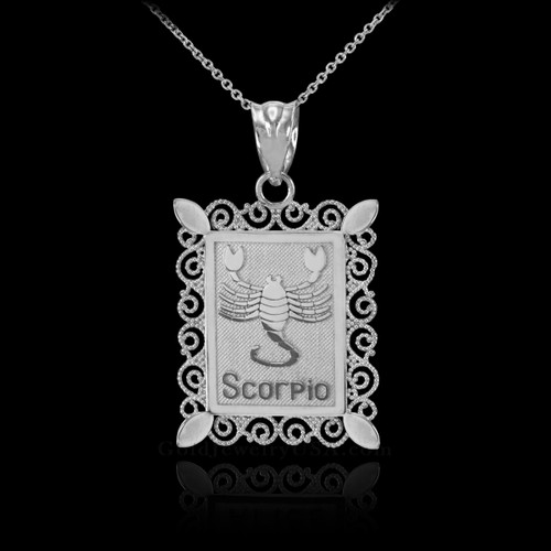 White Gold Scorpio Zodiac Sign Filigree Square Pendant Necklace