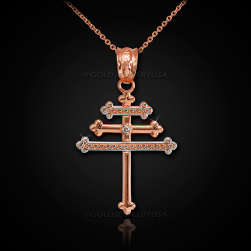 Rose Gold Maronite Aramaic Cross Diamond Pendant Necklase