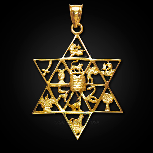 Star of David 12 tribes of Israel solid gold pendant.
