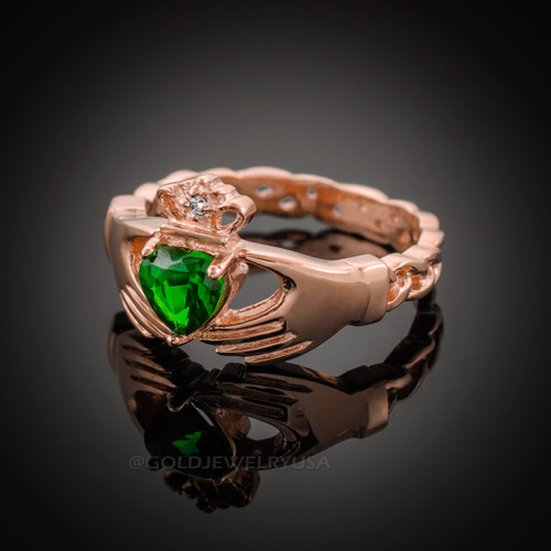 Rose Gold Celtic Band Emerald Green CZ Claddagh Ring