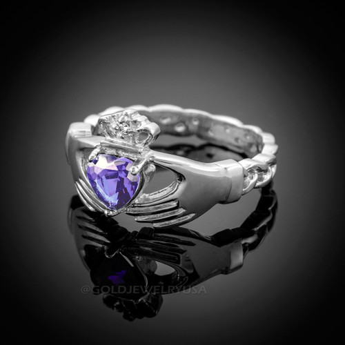 White Gold Celtic Band Amethyst CZ Claddagh Ring