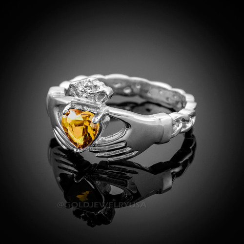 White Gold Celtic Band Citrine CZ Claddagh Ring
