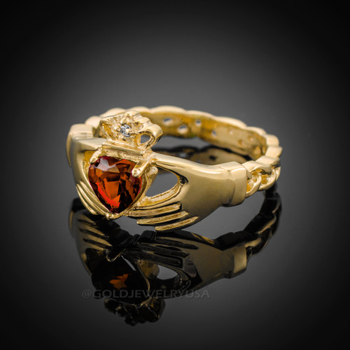 Gold Celtic Band Garnet CZ Claddagh Ring