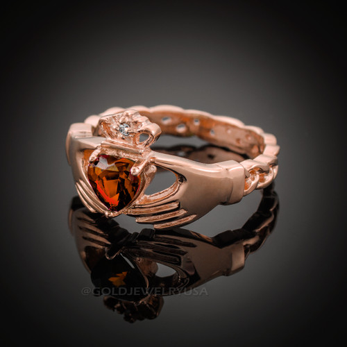 Rose Gold Celtic Band Garnet CZ Claddagh Ring