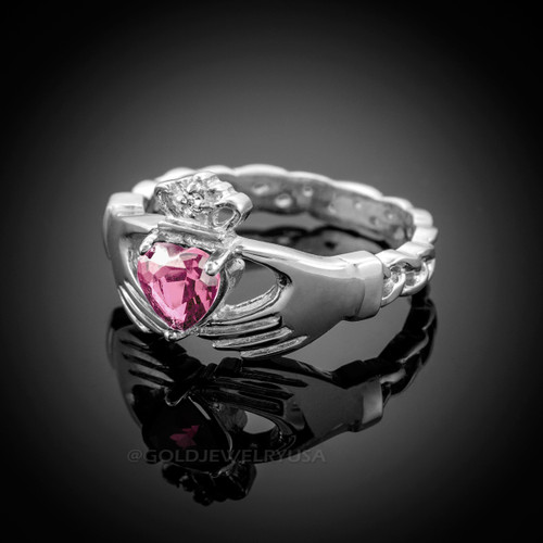 White Gold Celtic Band Pink Zirconia Claddagh Ring