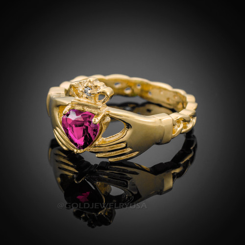 Gold Celtic Band Alexandrite CZ Claddagh Ring