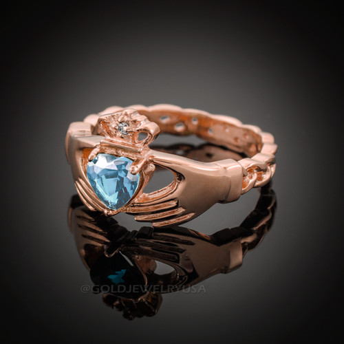 Rose Gold Celtic Band Aquamarine CZ Claddagh Ring