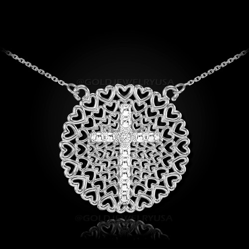 White Gold Filigree Heart Cross Diamond Necklace