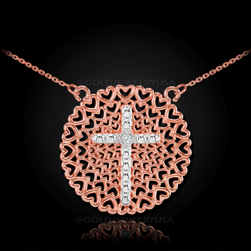 Two-Tone Rose Gold Filigree Heart Cross Diamond Necklace