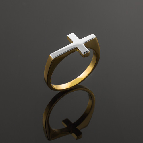 Two-Tone Solid Gold Flat Top Sideways Cross Ring