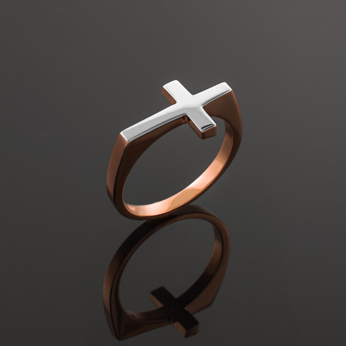Two-Tone Solid Rose Flat Top Sideways Cross Ring