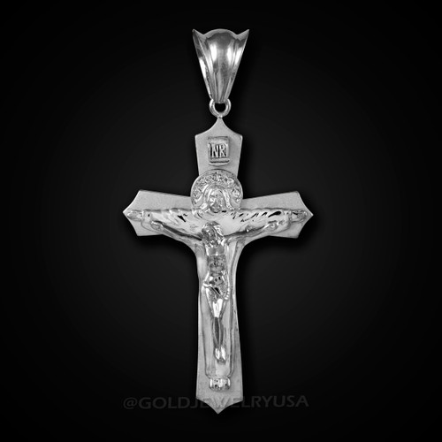 White Gold Holy Trinity Crucifix Cross CZ Pendant
