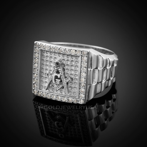 White Gold Masonic Square CZ Mens Watchband Ring