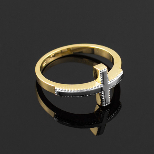 Two-Tone Solid Gold Sideways Cross Ring