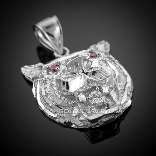 White Gold Tiger Head Red CZ PendantGol
