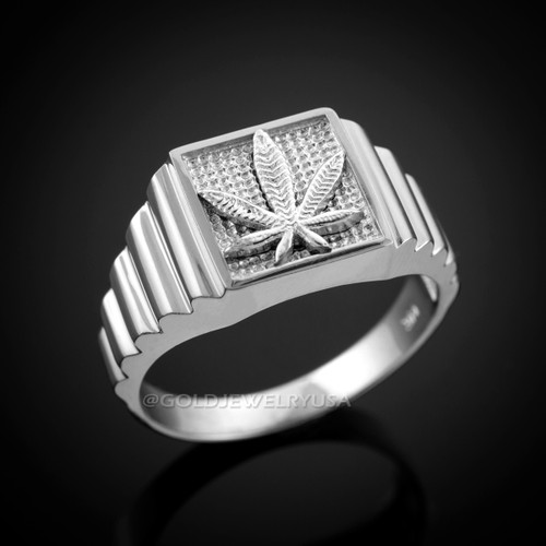 White Gold Marijuana Weed Leafs Square Mens Ring