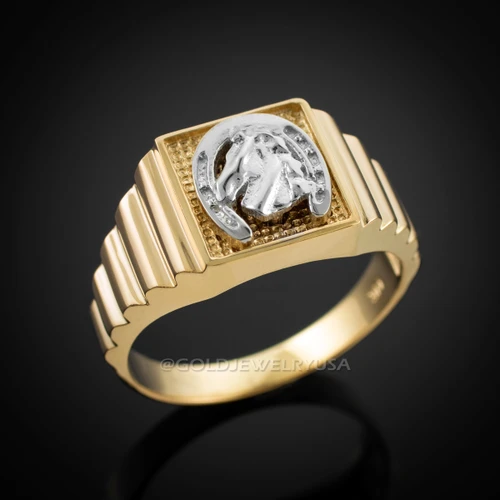 Gold Lucky Horseshoe Square Mens Ring