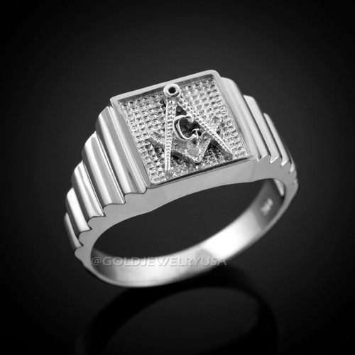 White Gold Masonic Square Mens Ring