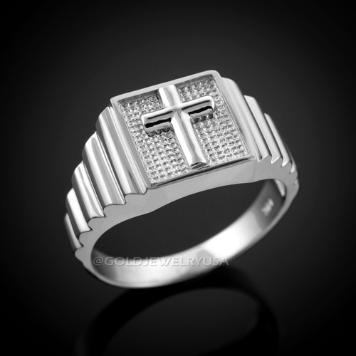 Men's White Gold Cross Ring.