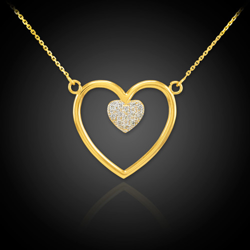 14K Polished Gold Open Heart Diamond Pave Heart Enclosure Necklace