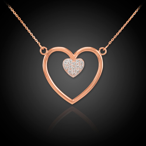 14K Rose Gold Open Heart Diamond Pave Heart Enclosure Necklace