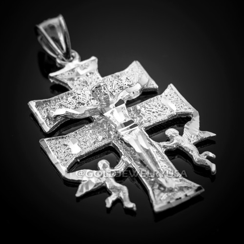 Solid White Gold Caravaca Crucifix Cross Pendant