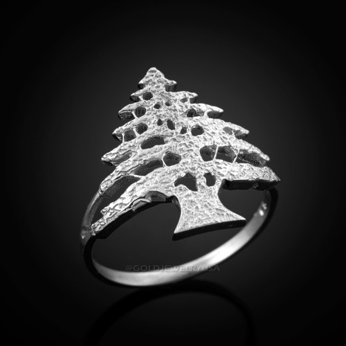 White Gold Cedar Tree of Lebanon Ring