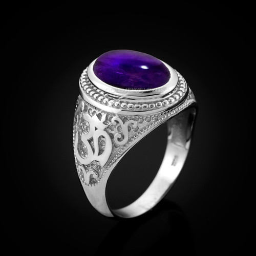 White Gold Om (Aum) Oval Amethyst Cabochon Yoga Ring