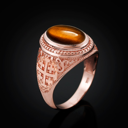 Rose Gold Jerusalem Cross Tiger Eye Gemstone Statement Ring