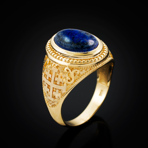 Yellow Gold Jerusalem Cross Lapis Lazuli Gemstone Statement Ring