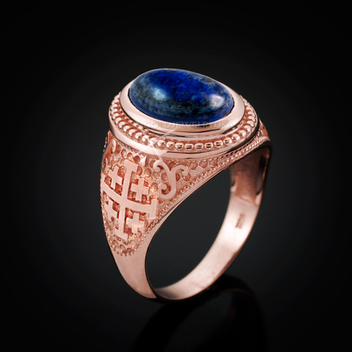 Rose Gold Jerusalem Cross Lapis Lazuli Gemstone Statement Ring