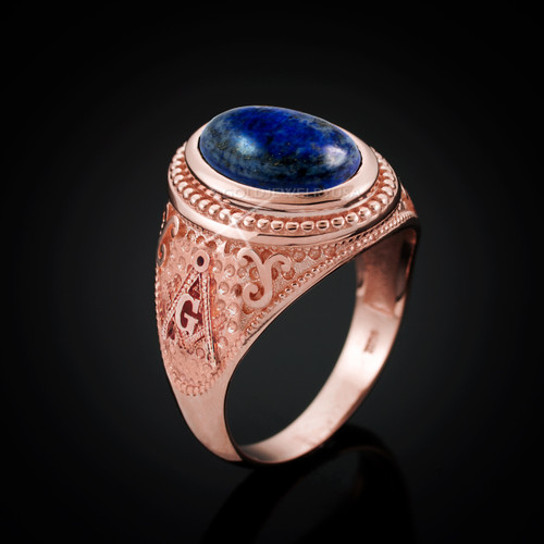 Rose Gold Masonic Lapis Lazuli Gemstone Statement Ring