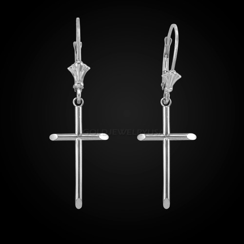 14K Polished White Gold Plain Tube Cross Earrings