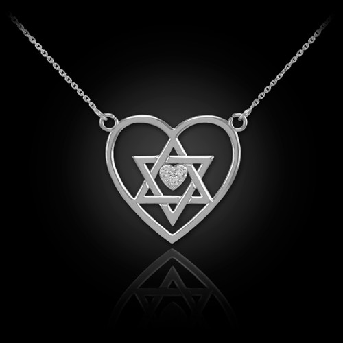 14K White Gold Star of David Diamond Pave Heart Necklace