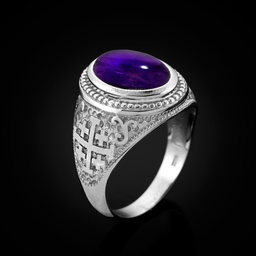 White Gold Jerusalem Cross Purple Amethyst Cabochon Statement Ring