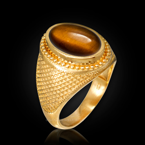 Yellow Gold Textured Band Tiger Eye Cabochon Statement Ring