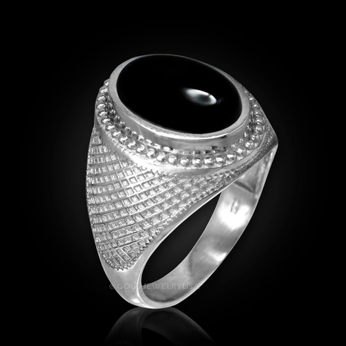 White Gold Textured Band Black Onyx Statement Ring