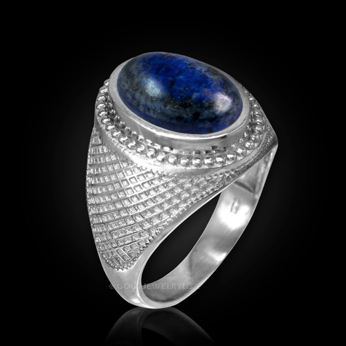 White Gold Textured Band Lapis Lazuli Statement Ring