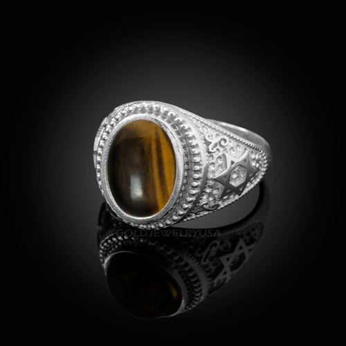White Gold Star of David Tiger Eye Gemstone Jewish Statement Ring